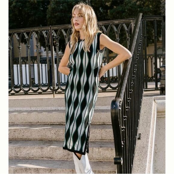 Eva Franco Mod Print Crew Neck Sleeveless Pullover Midi Dress Black Green Size M - Picture 7 of 16